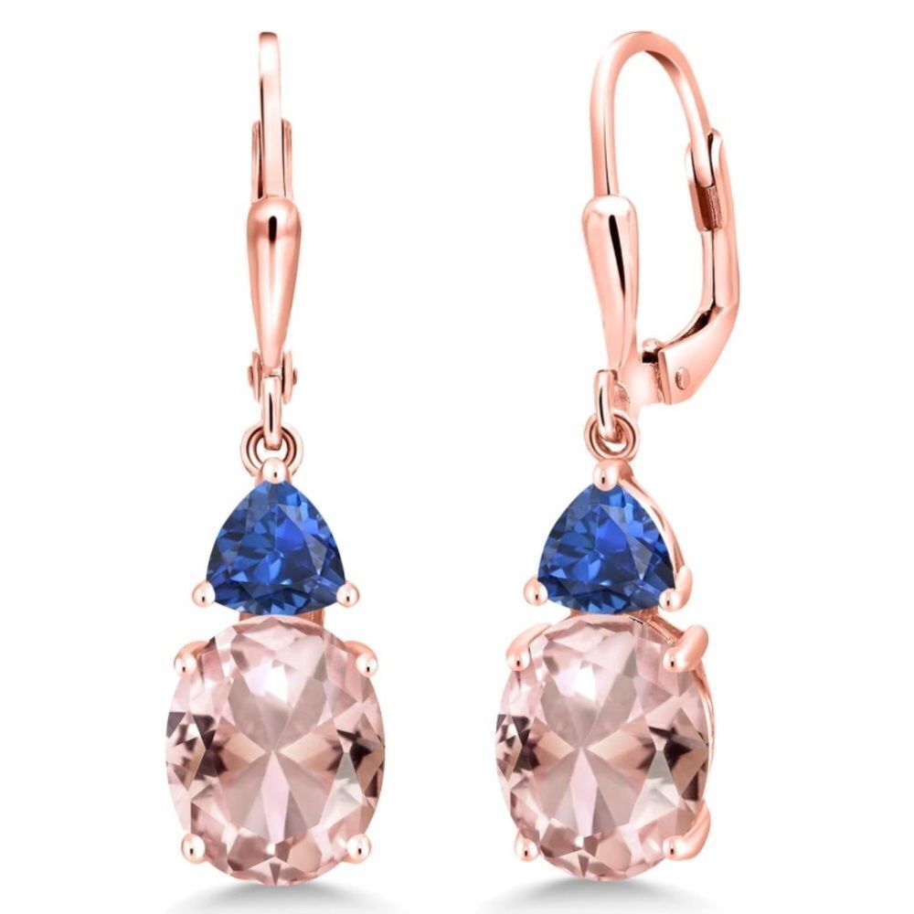 18K Rose Gold with 5.72 Cttw Peach Morganite and Blue Sapphire Drop Earrings